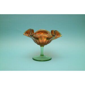 Northwood Iridescent Marigold Smooth Ray Carnival Glass Compote | Uranium Glass